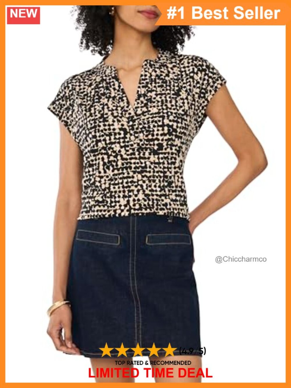 V-Neck Short Sleeve Blouse with Placket Detail, Polyester, Regular Fit